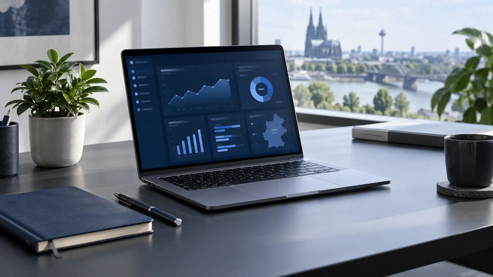 Symbolbild eines leeren, hellen Arbeitsplatzes mit Laptop und abstrakter Datenübersicht.
